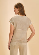 Back view of tan and white stripe sweater with rolled sleeves by French Dressing Jeans (FDJ)