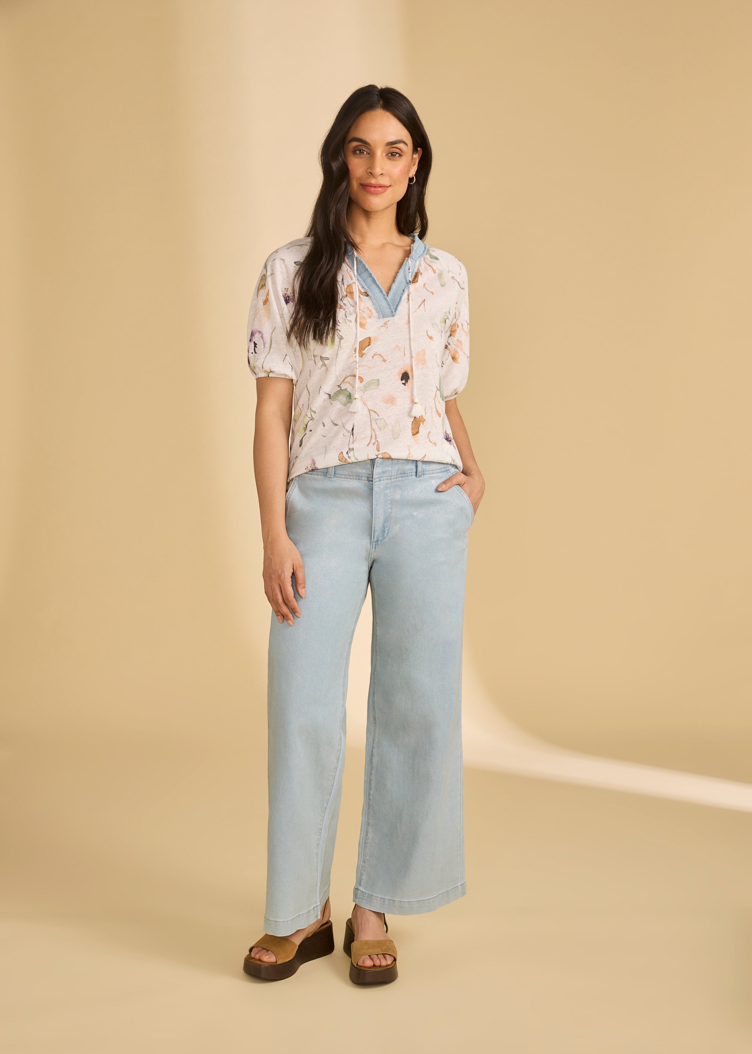 Full body view of 3/4 sleeve embellished top in Delicate paired with light jeans showcasing relaxed fit by French Dressing Jeans (FDJ)
