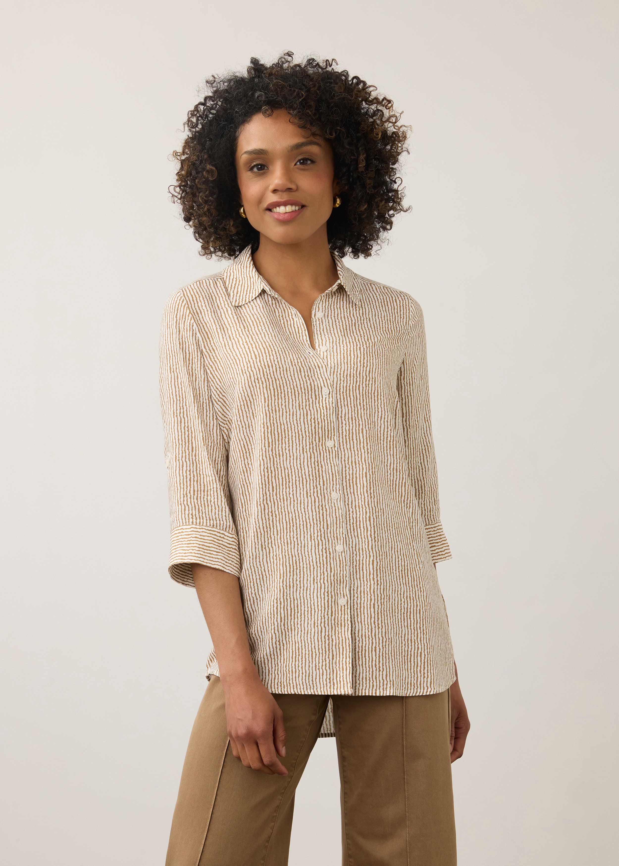 Front view of striped beige and white shirt with button front by French Dressing Jeans (FDJ)