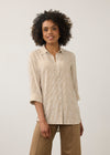 Front view of striped beige and white shirt with button front by French Dressing Jeans (FDJ)