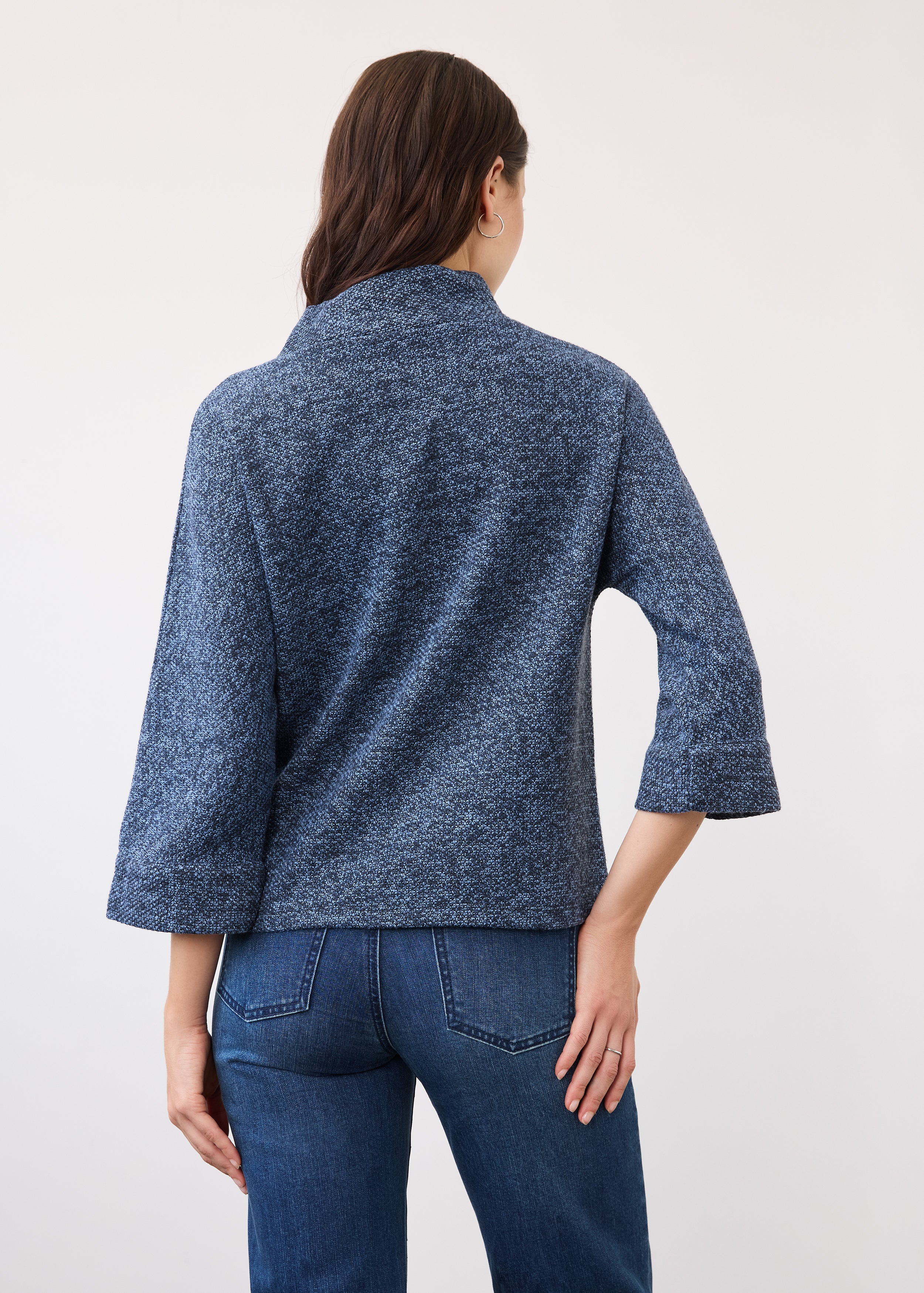 Back view of textured indigo top showing seamless design and relaxed fit by French Dressing Jeans (FDJ)