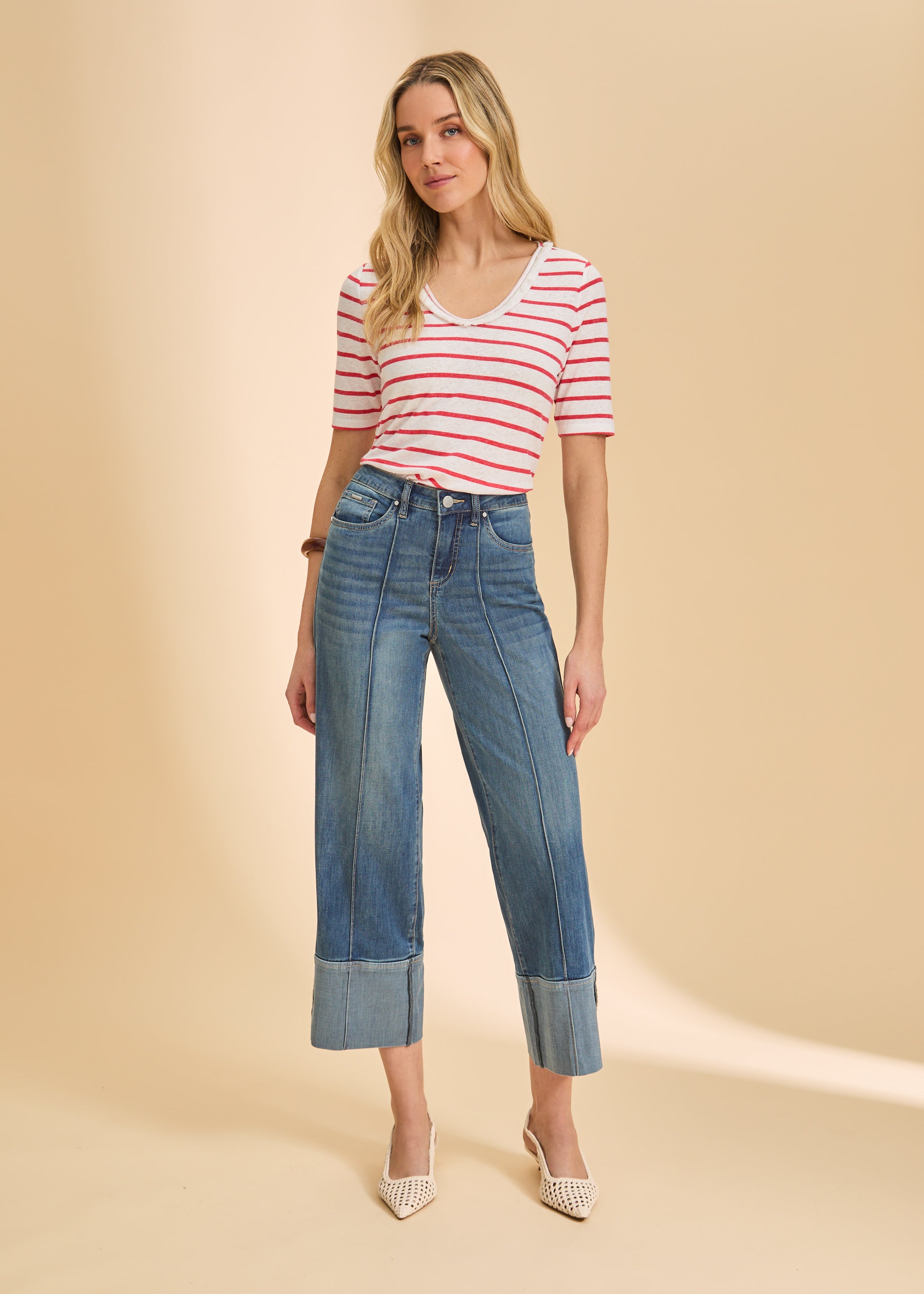 Full outfit with red striped V-neck top and wide-leg denim for a trendy style by French Dressing Jeans (FDJ)