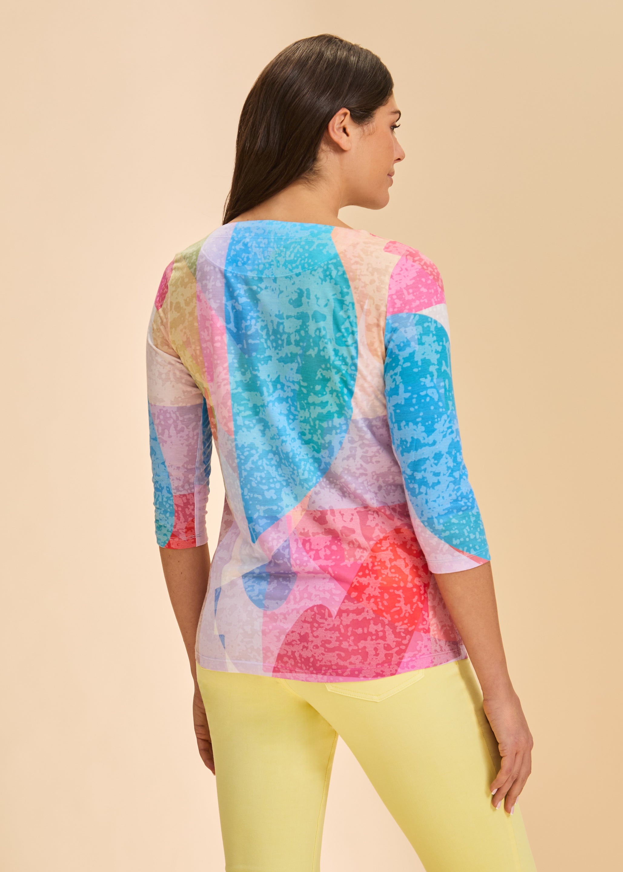 Back view of colorful geometric top with 3/4 sleeves, showcasing vibrant print by French Dressing Jeans (FDJ)
