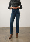 Front view of dark wash denim pants with high-rise waist and large front patch pockets by French Dressing Jeans (FDJ) par French Dressing Jeans (FDJ)