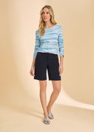 Front view of navy shorts, styled with striped top for casual look by French Dressing Jeans (FDJ)