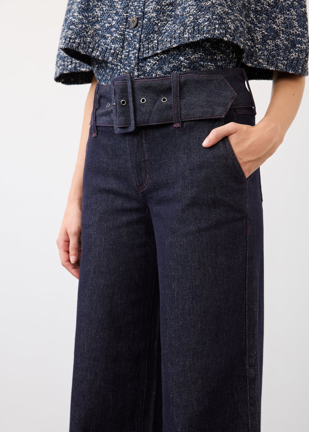 Close-up front detail of Suzanne pant in blueberry with high-rise and sleek pockets by French Dressing Jeans (FDJ)