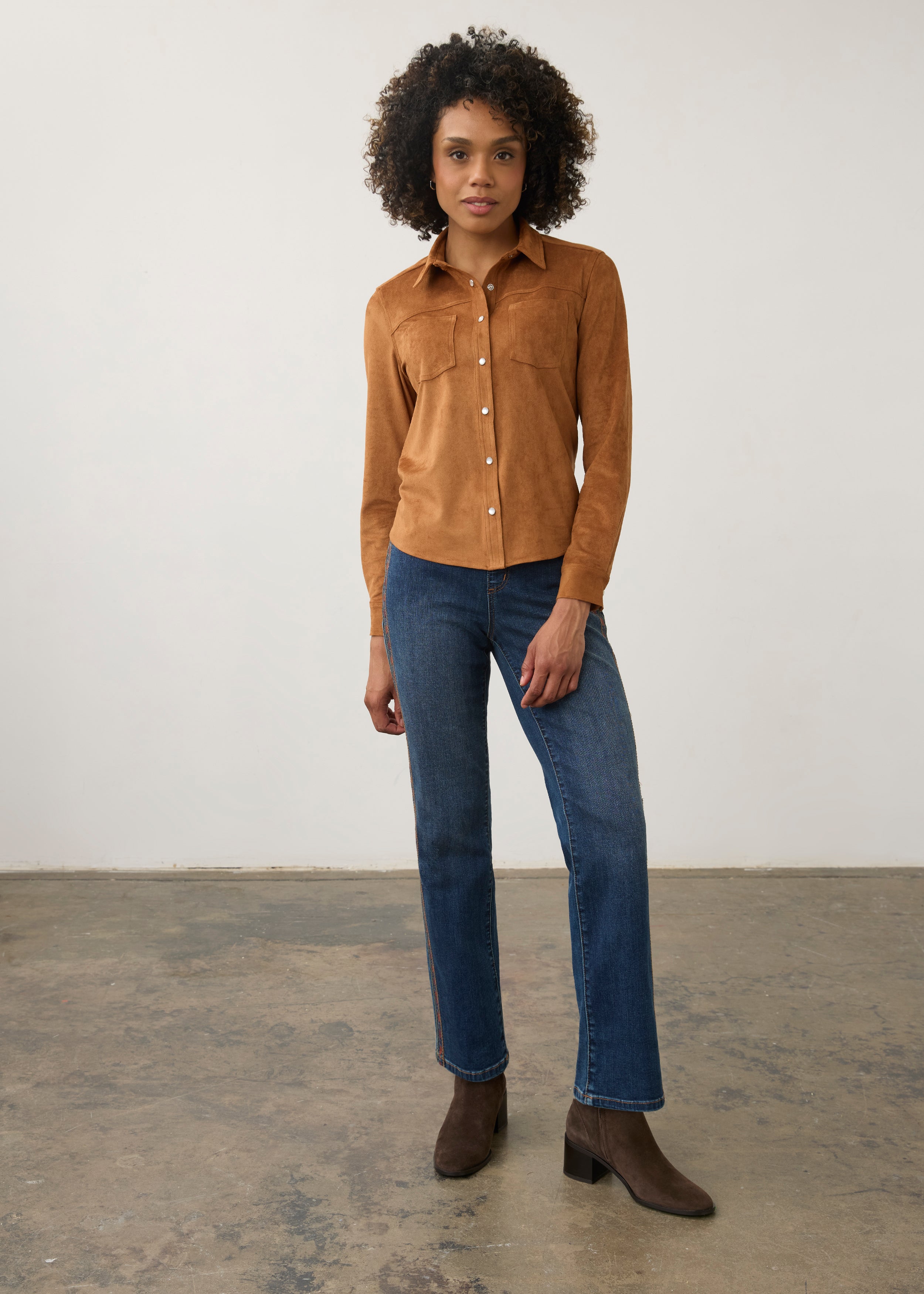 Model in medium blue jeans with tan top, full view showcasing straight leg fit by French Dressing Jeans (FDJ) par French Dressing Jeans (FDJ)