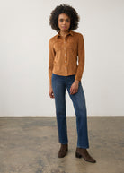 Model in medium blue jeans with tan top, full view showcasing straight leg fit by French Dressing Jeans (FDJ) par French Dressing Jeans (FDJ)