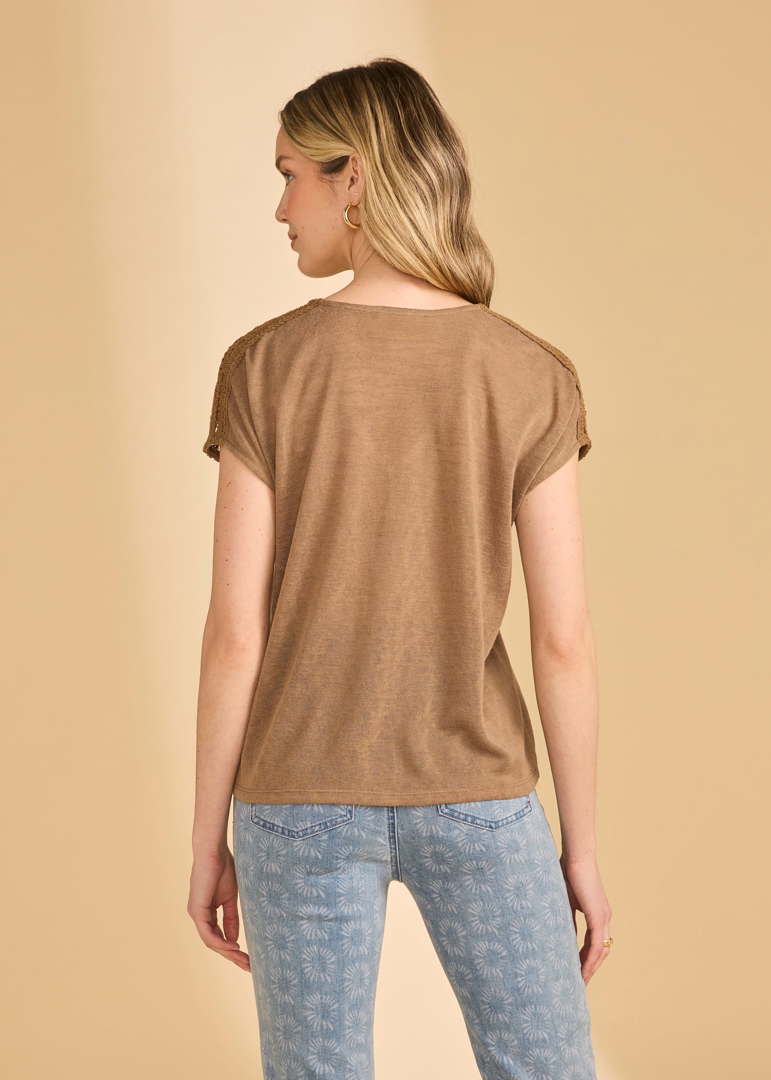 Back view of brown V-neck top showcasing crochet shoulder details by French Dressing Jeans (FDJ)