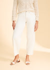 Close-up of front waist and pocket design on ivory Suzanne jeans by French Dressing Jeans (FDJ)