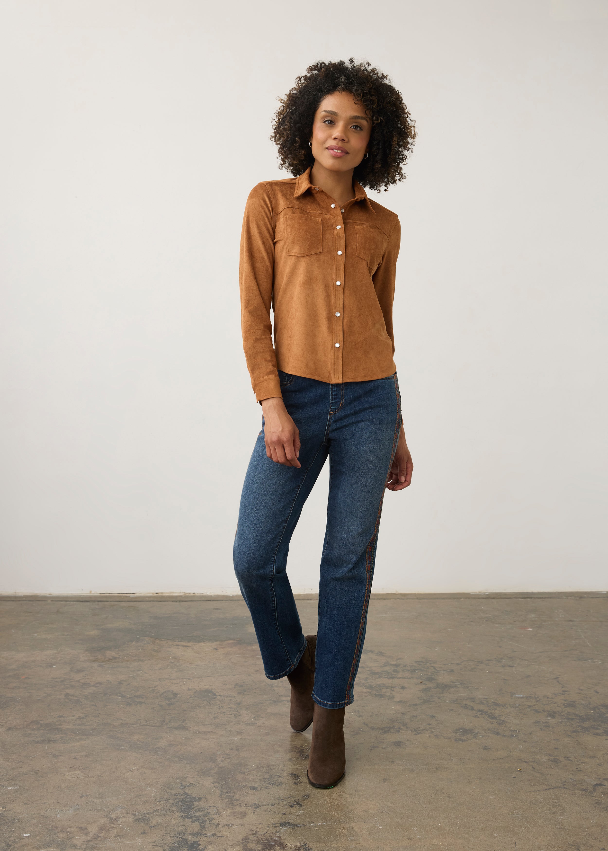 Model in brown suede shirt and jeans, full body view by French Dressing Jeans (FDJ)
