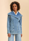 Front view of light blue denim jacket with wide collar and welt pockets by French Dressing Jeans (FDJ)