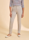 Close-up front view of taupe straight-leg jeans with comfort fit by French Dressing Jeans (FDJ)