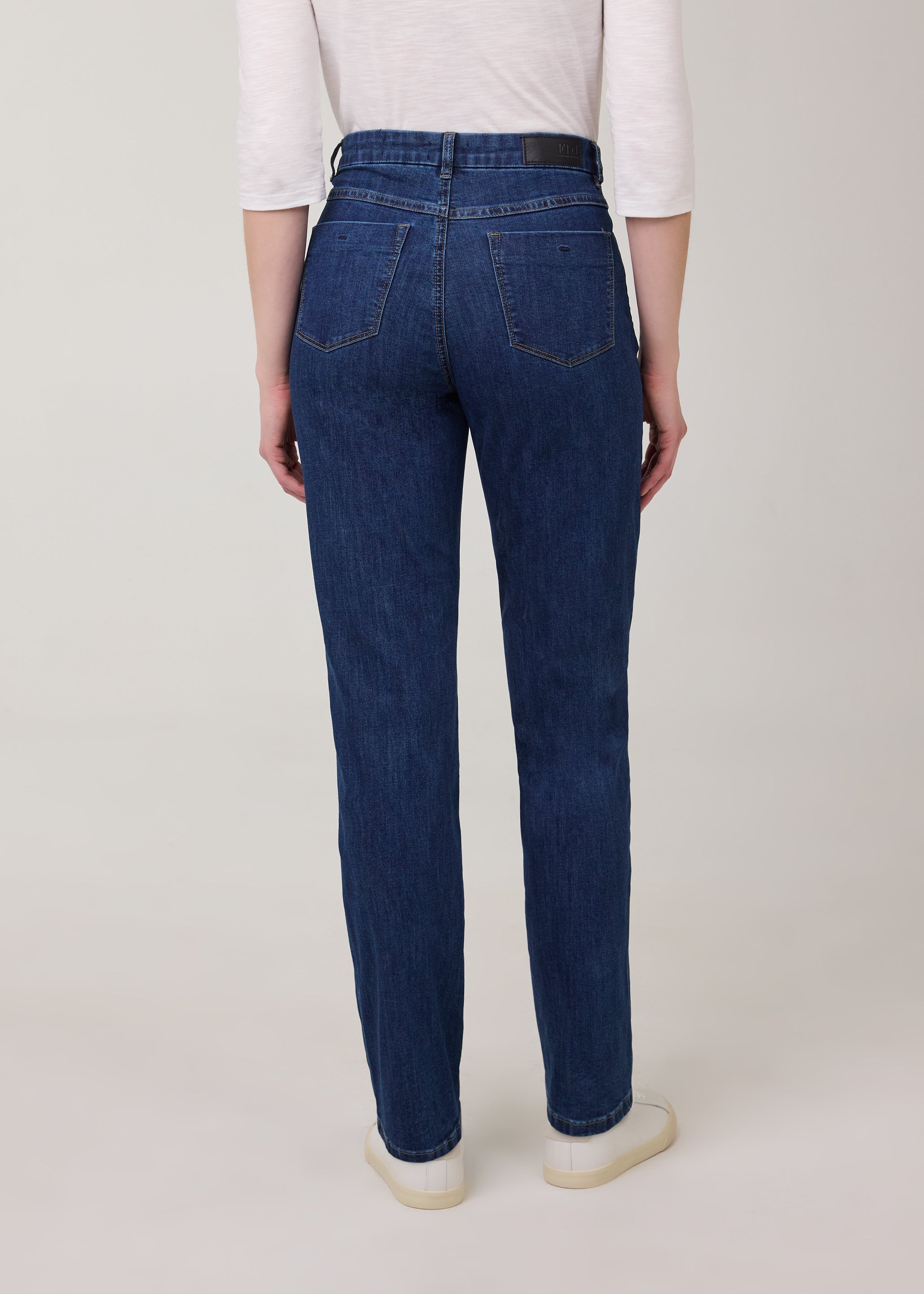 Back view highlighting patch pockets on Delight straight leg jeans by French Dressing Jeans (FDJ)