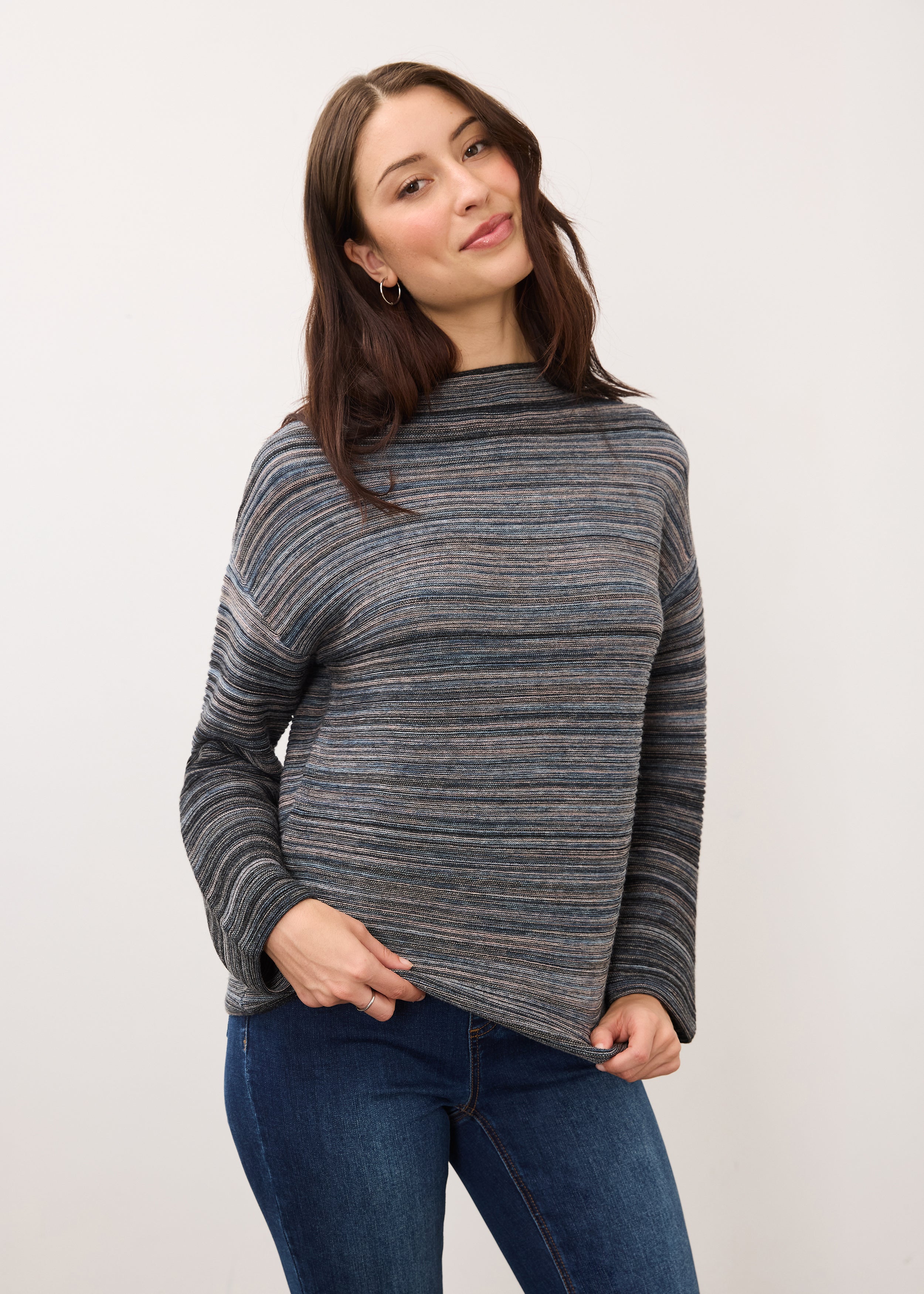 Front view of multicolored striped sweater with long sleeves by French Dressing Jeans (FDJ)
