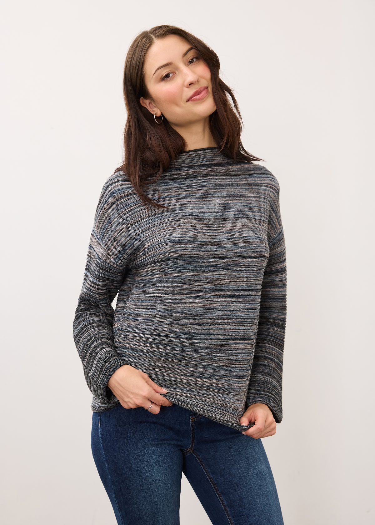 Front view of multicolored striped sweater with long sleeves by French Dressing Jeans (FDJ)