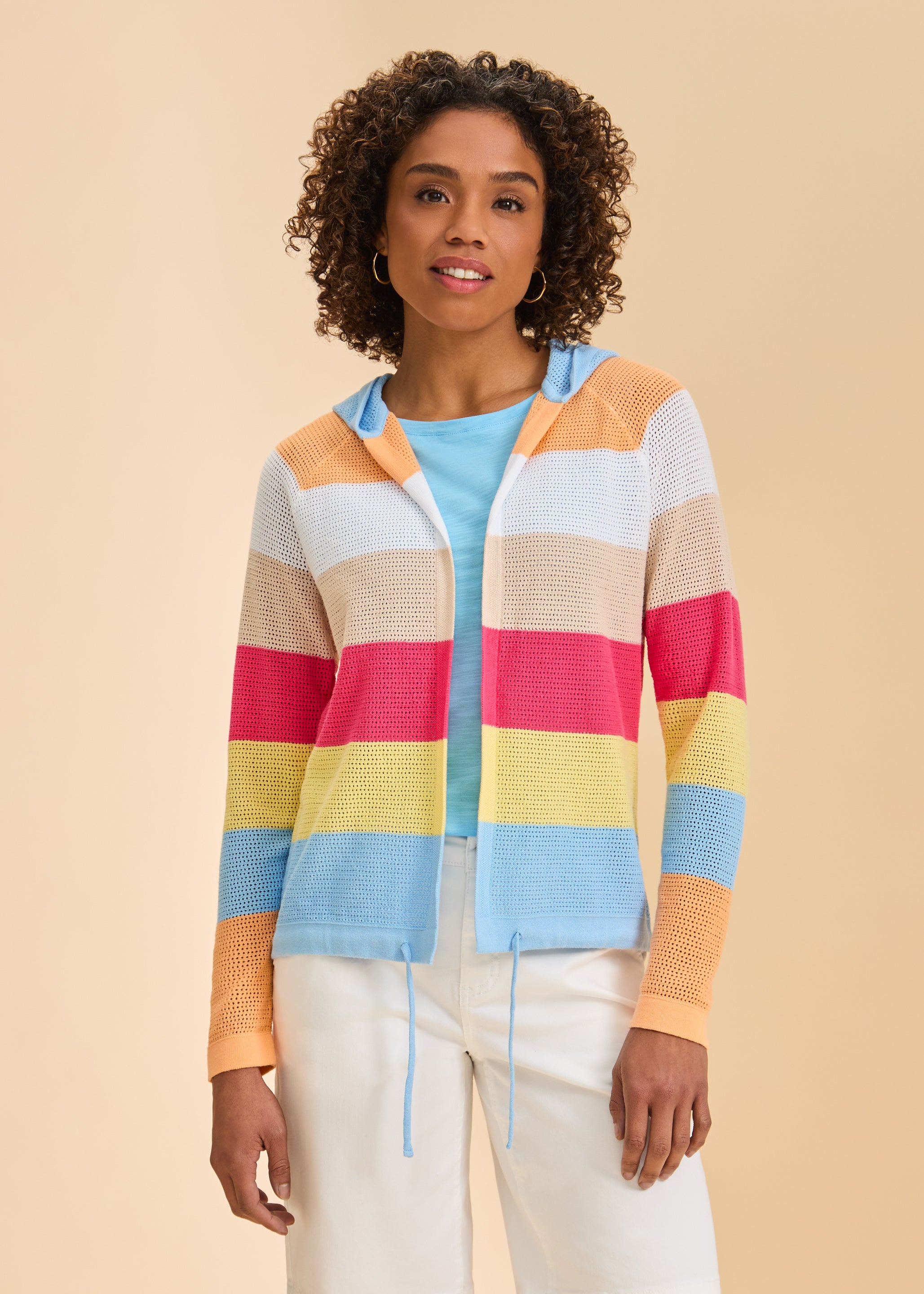 Front view of striped hooded cardigan with bold colors, open front design by French Dressing Jeans (FDJ)