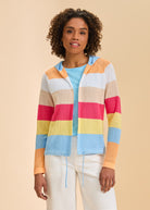 Front view of striped hooded cardigan with bold colors, open front design by French Dressing Jeans (FDJ)