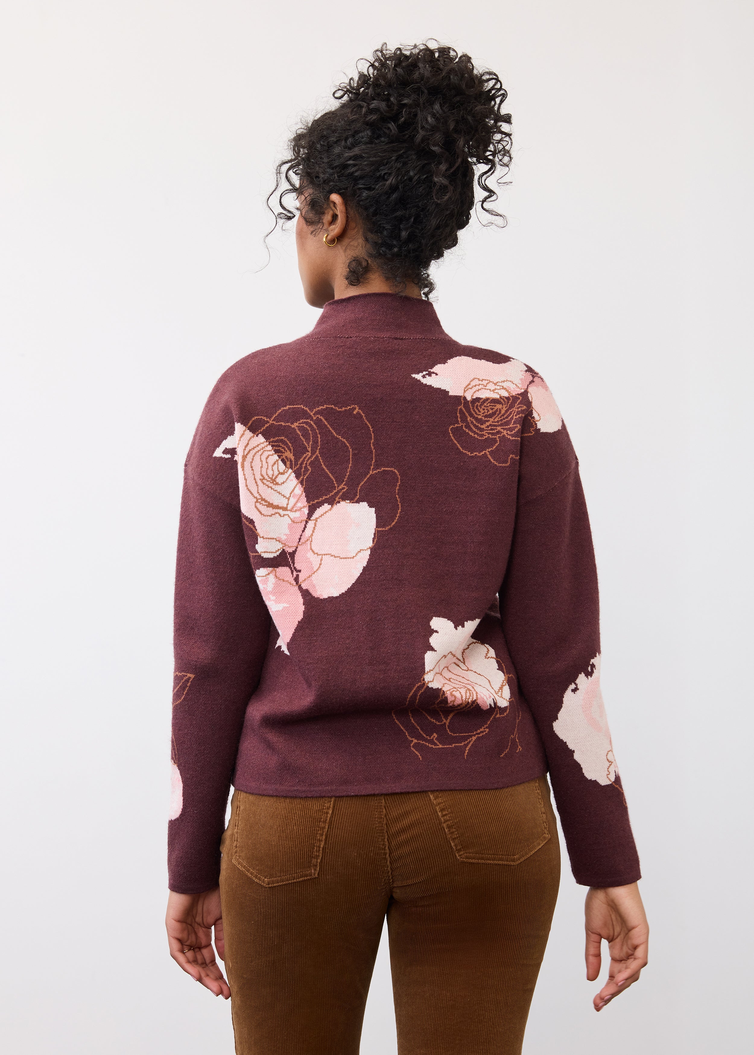 Back view of burgundy floral sweater featuring rose pattern and smooth finish by French Dressing Jeans (FDJ)
