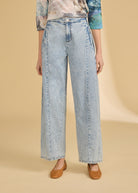 Close-up of powder wash high-rise wide leg jeans showing front detailing by French Dressing Jeans (FDJ)