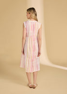 Back view of sleeveless striped dress with gathered waist and flowing skirt by French Dressing Jeans (FDJ)