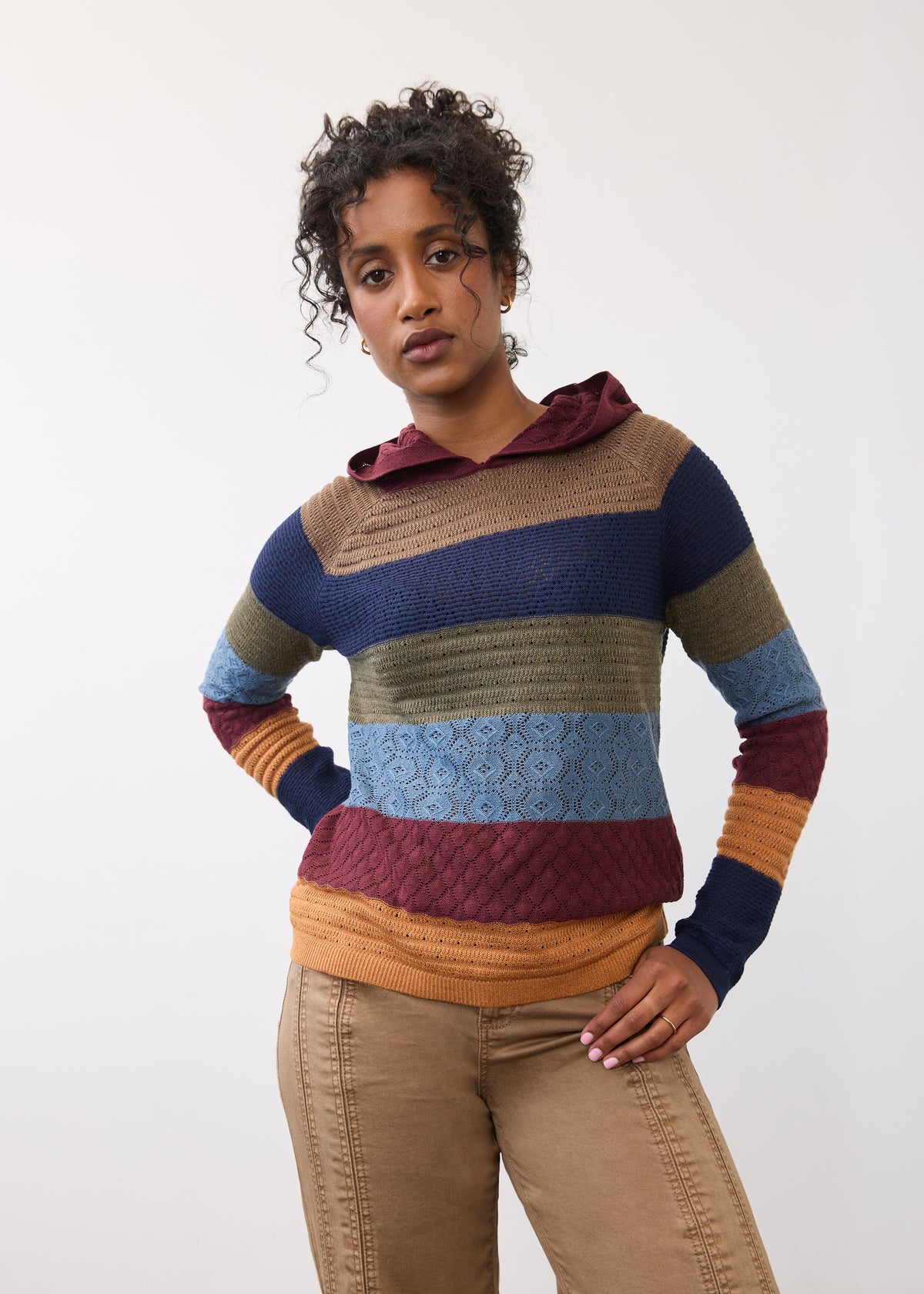 Front view of multicolored striped hoodie sweater with textured knit by French Dressing Jeans (FDJ)