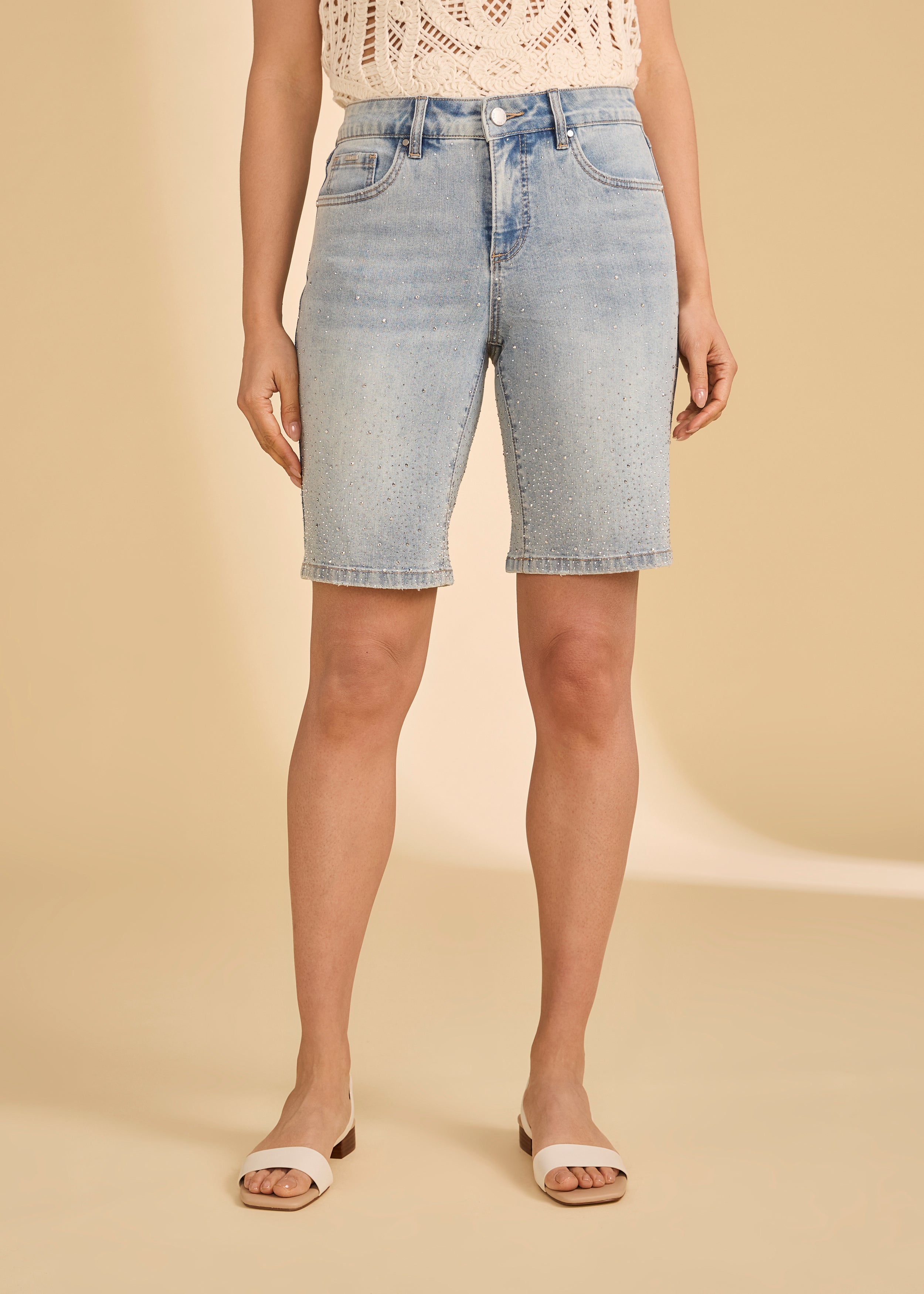 Front view of Olivia Bermuda shorts in indigo blue featuring mid-rise waist by French Dressing Jeans (FDJ)