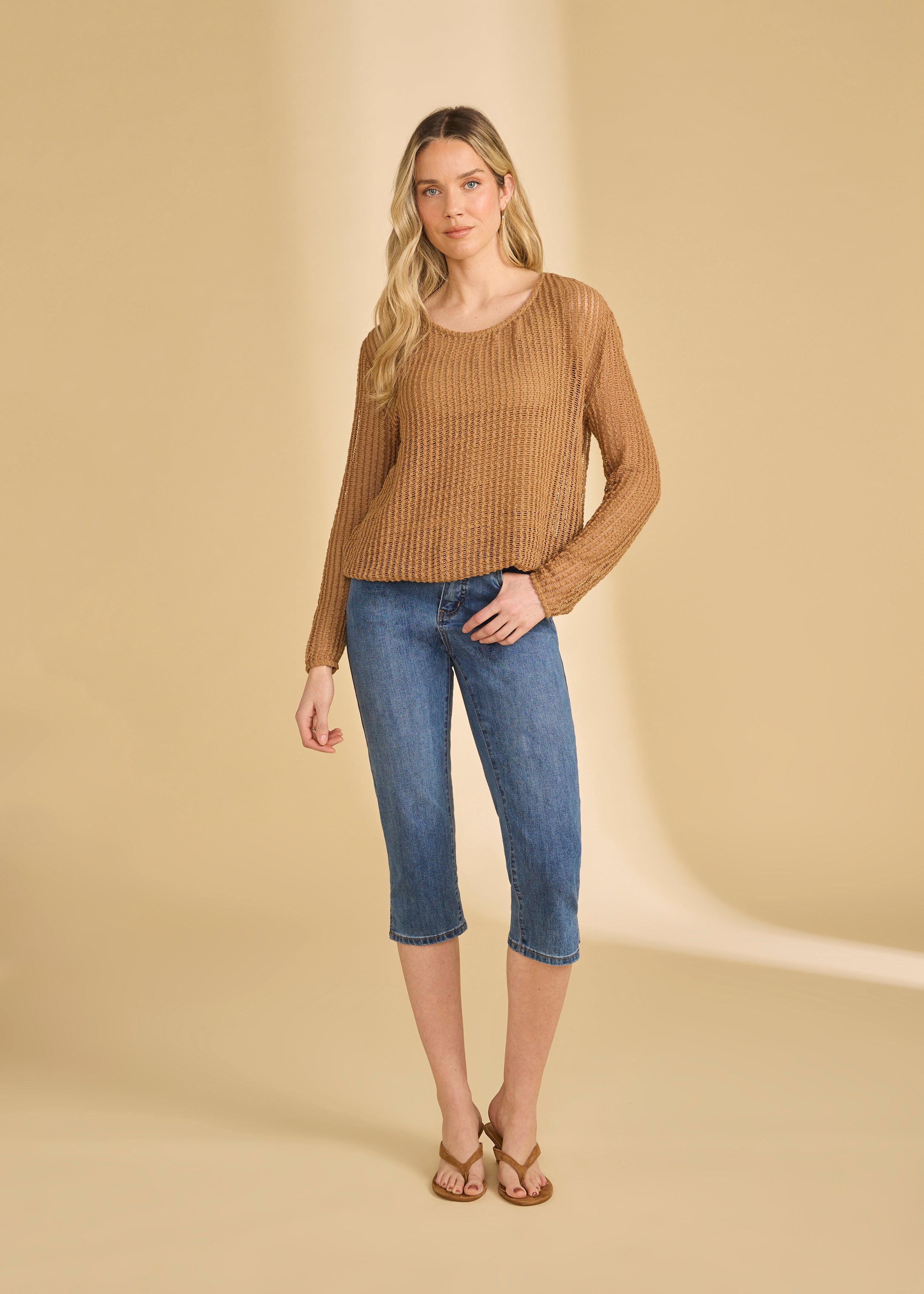 Full view of tan mesh top paired with jeans and sandals by French Dressing Jeans (FDJ)