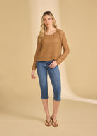 Full view of tan mesh top paired with jeans and sandals by French Dressing Jeans (FDJ)