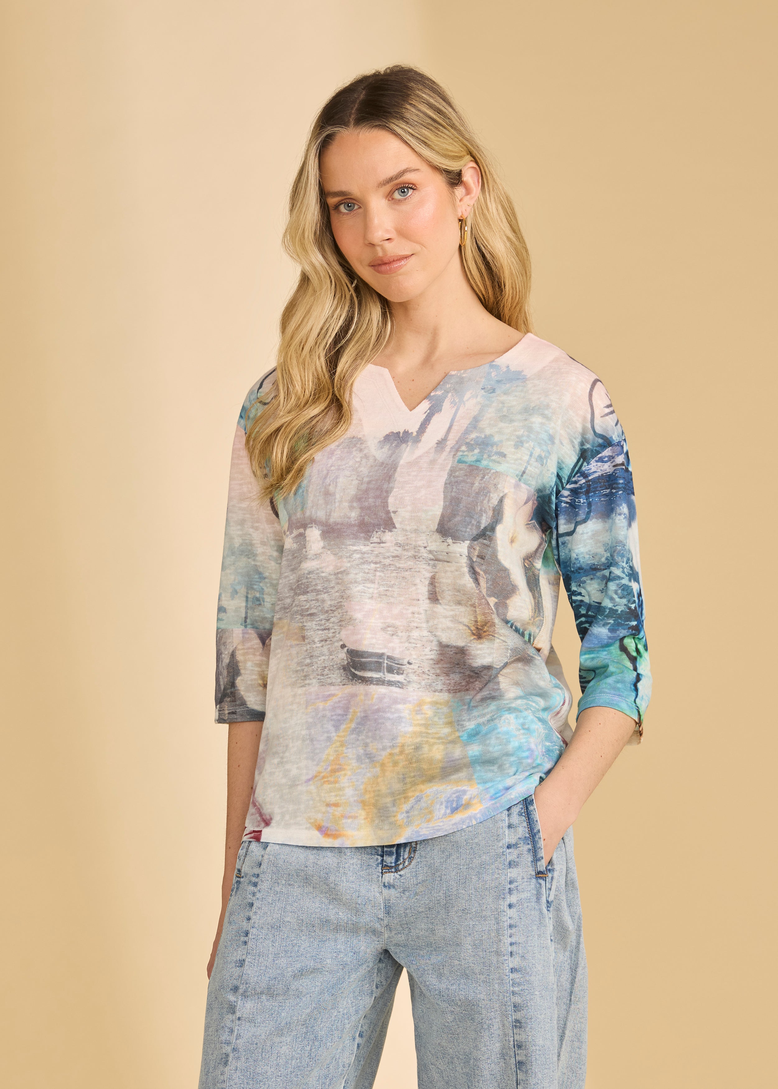 Front view of pastel V-neck top with abstract watercolor design by French Dressing Jeans (FDJ)