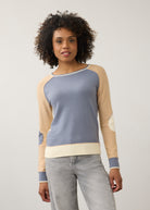 Front view of colorblock sweater with blue and beige tones by French Dressing Jeans (FDJ)