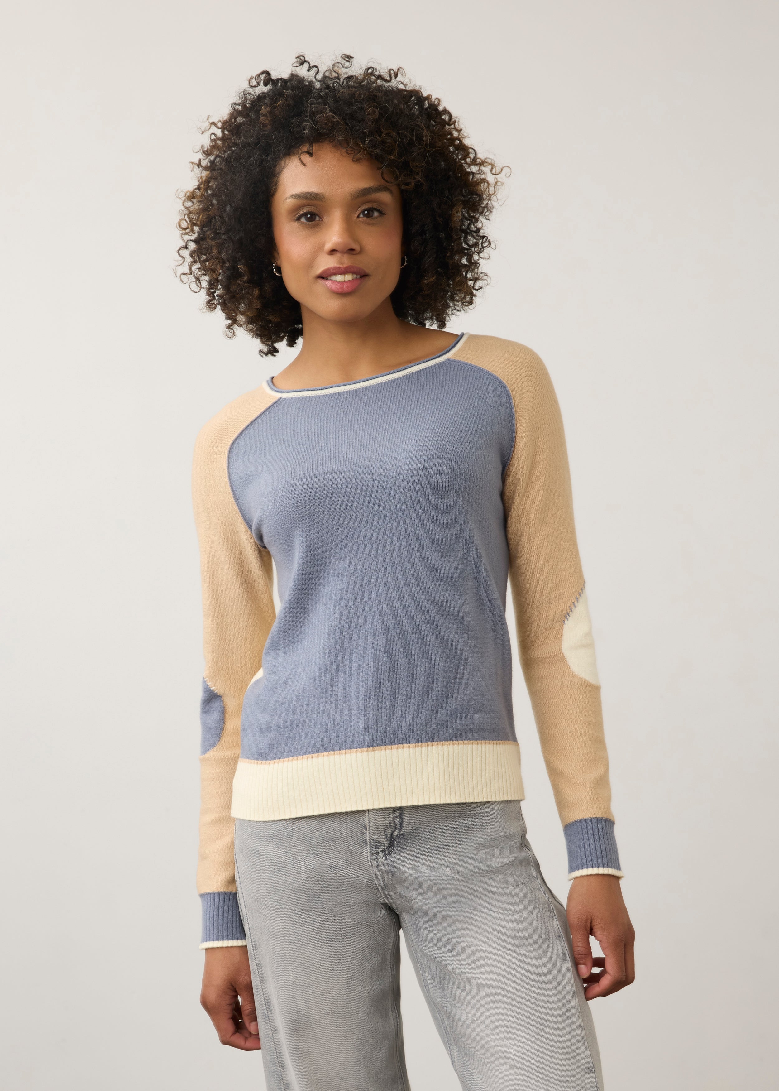 Front view of colorblock sweater with blue and beige tones by French Dressing Jeans (FDJ)