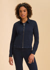 Navy jacket front view showing zip closure and long sleeves by French Dressing Jeans (FDJ)