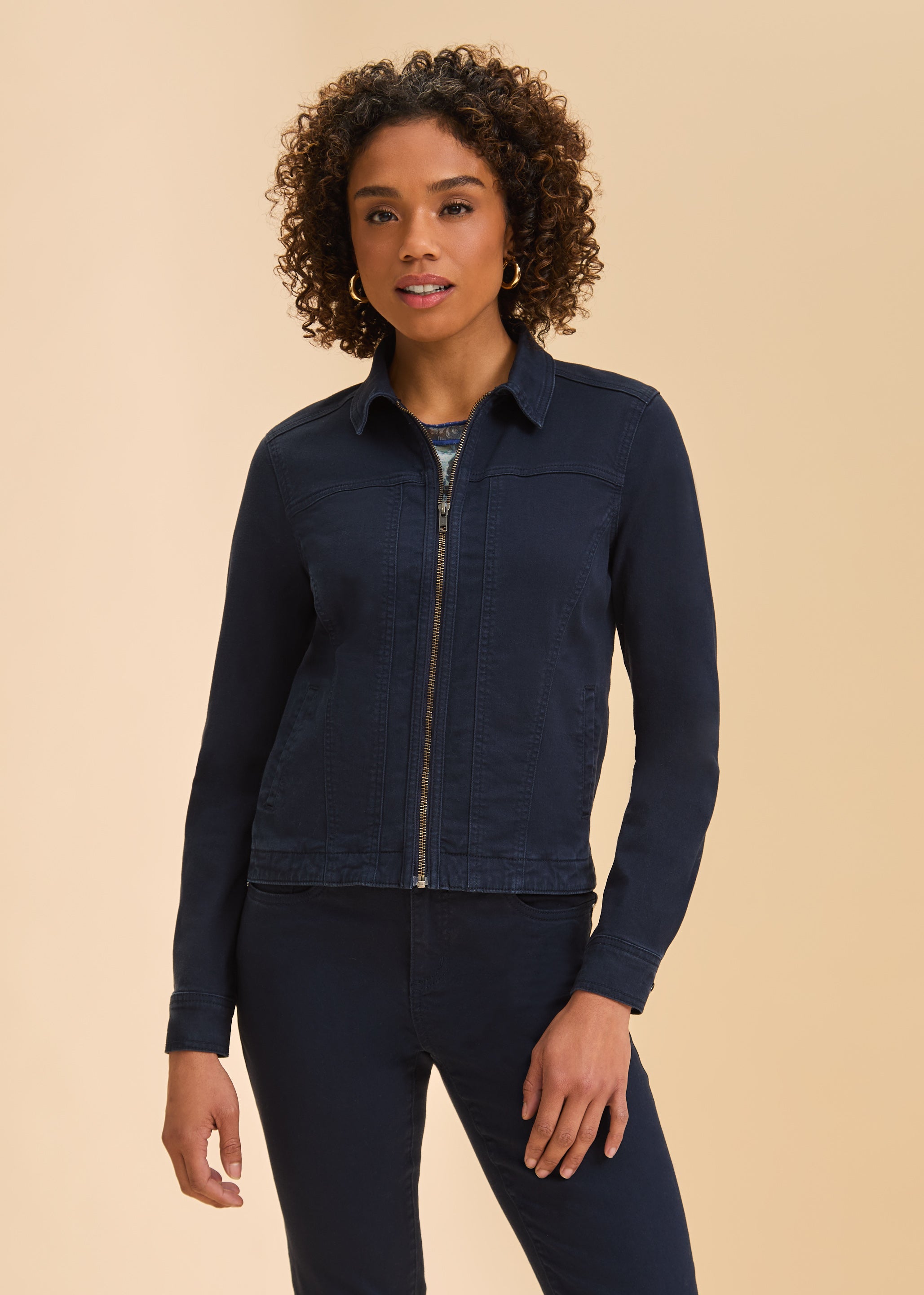 Navy jacket front view showing zip closure and long sleeves by French Dressing Jeans (FDJ)