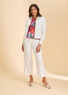 White jacket styled with floral top and pants by French Dressing Jeans (FDJ)