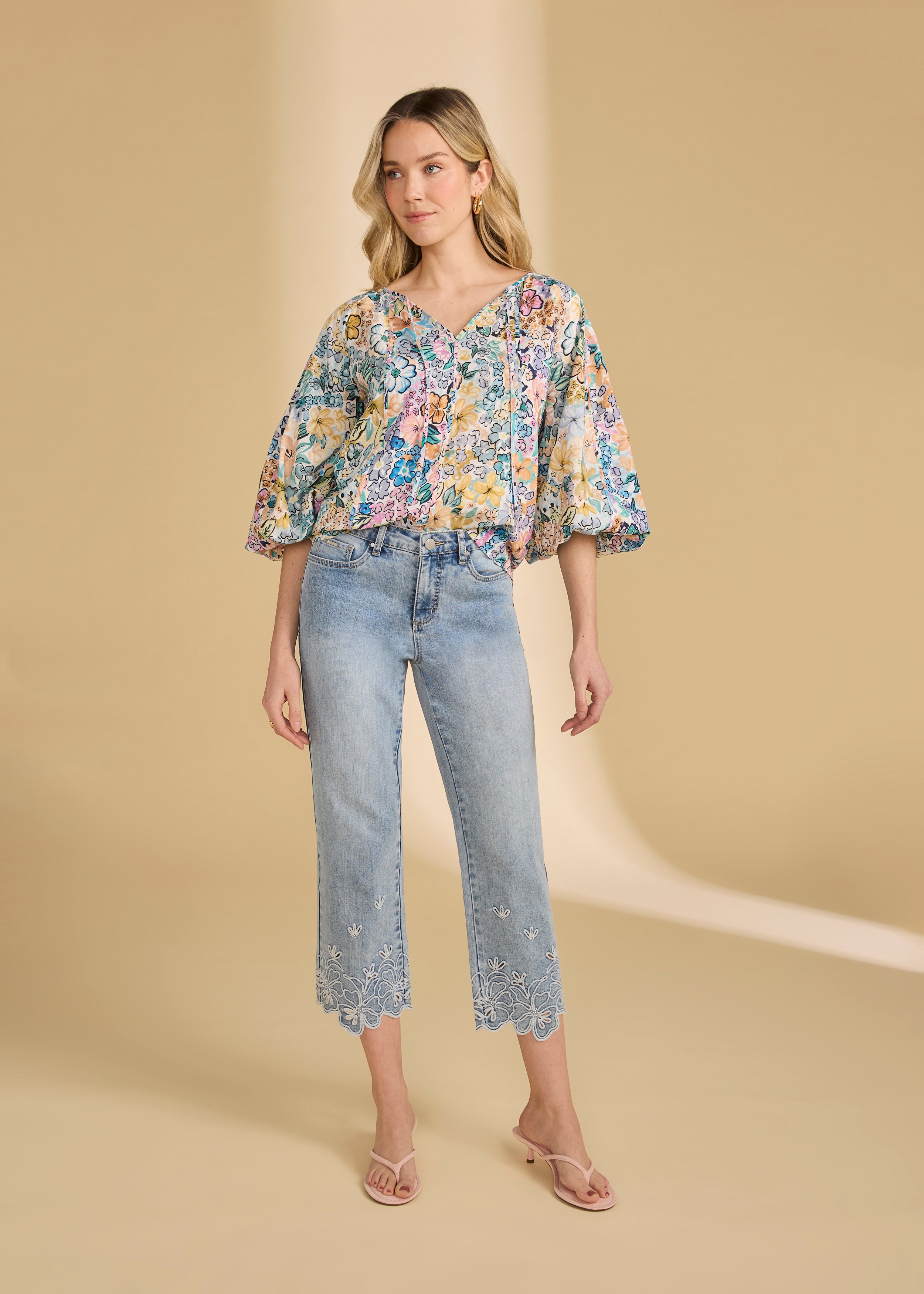 Full body view of Ambush Floral blouse paired with jeans, showing casual style by French Dressing Jeans (FDJ)