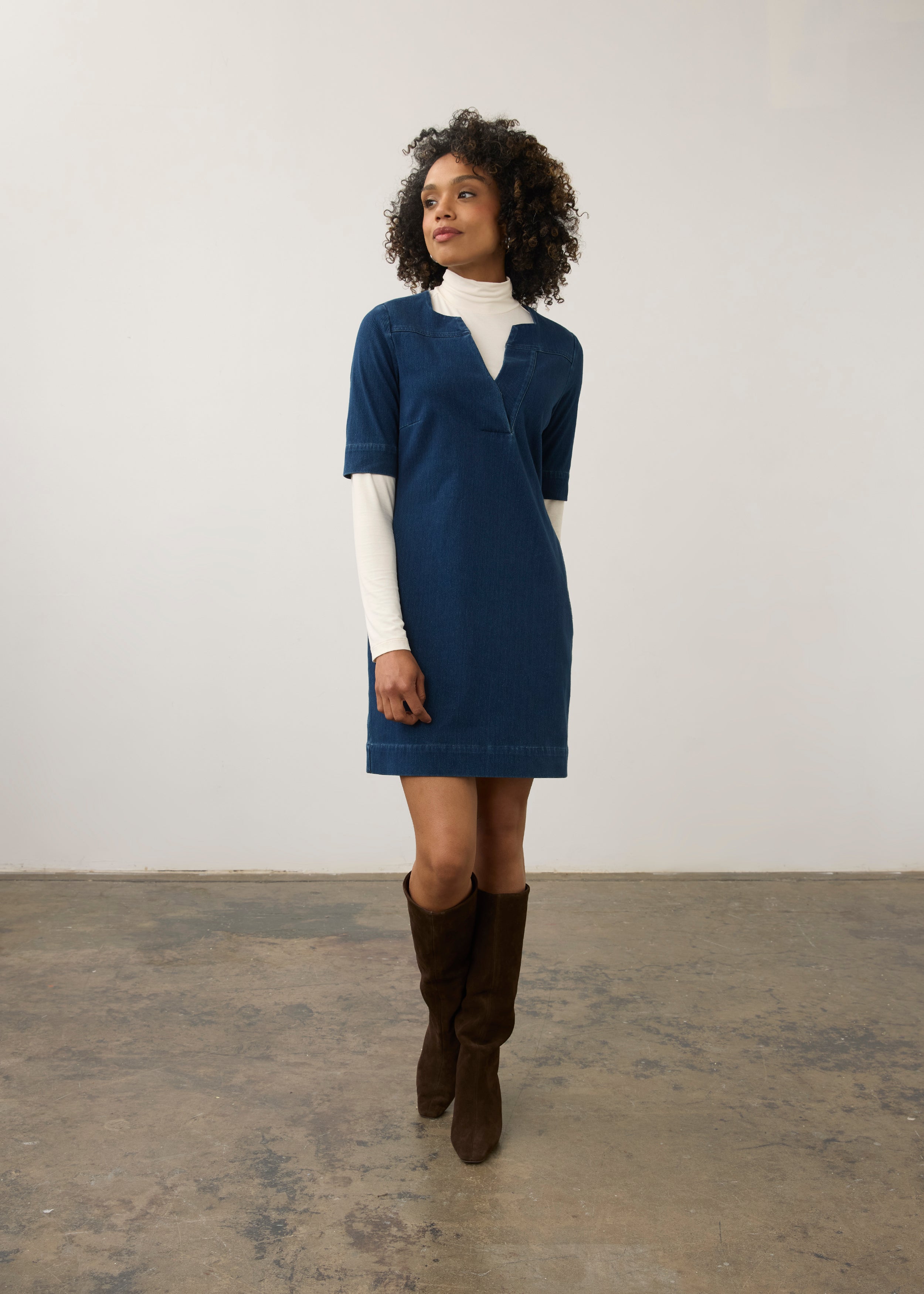 Elbow Sleeve Shift Dress dark rinse front view with elbow-length sleeves and layered style by French Dressing Jeans (FDJ)