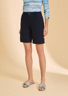 Close-up front view of navy shorts, highlighting button and pocket details by French Dressing Jeans (FDJ)