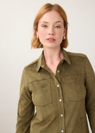 Close-up of olive suede shirt focusing on button details by French Dressing Jeans (FDJ)
