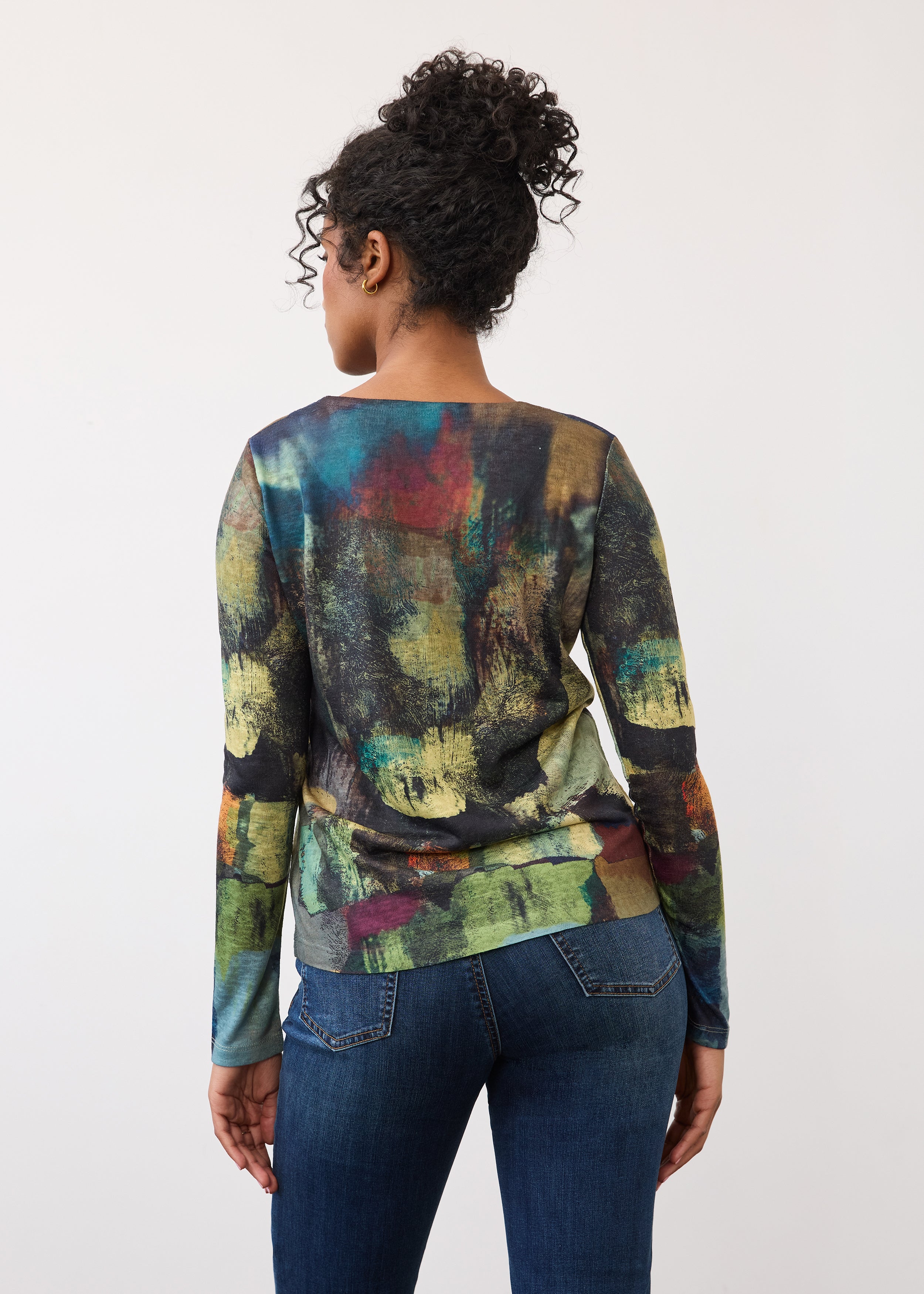 Back view of abstract print top showcasing long sleeves and relaxed fit by French Dressing Jeans (FDJ)