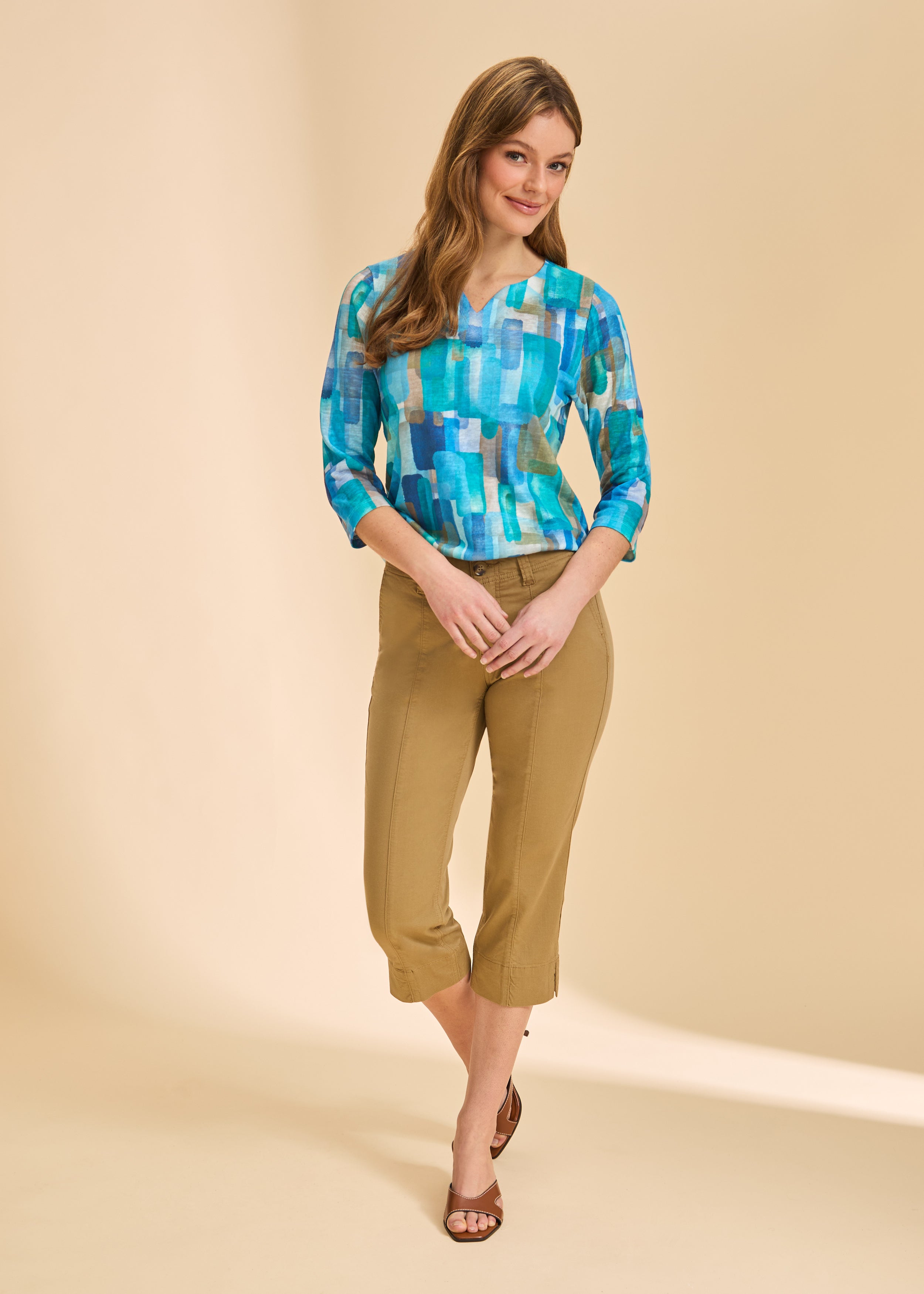 Front view of khaki crop pants with high-rise waist and slim fit by French Dressing Jeans (FDJ)