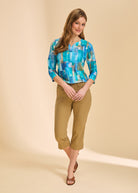 Front view of khaki crop pants with high-rise waist and slim fit by French Dressing Jeans (FDJ)