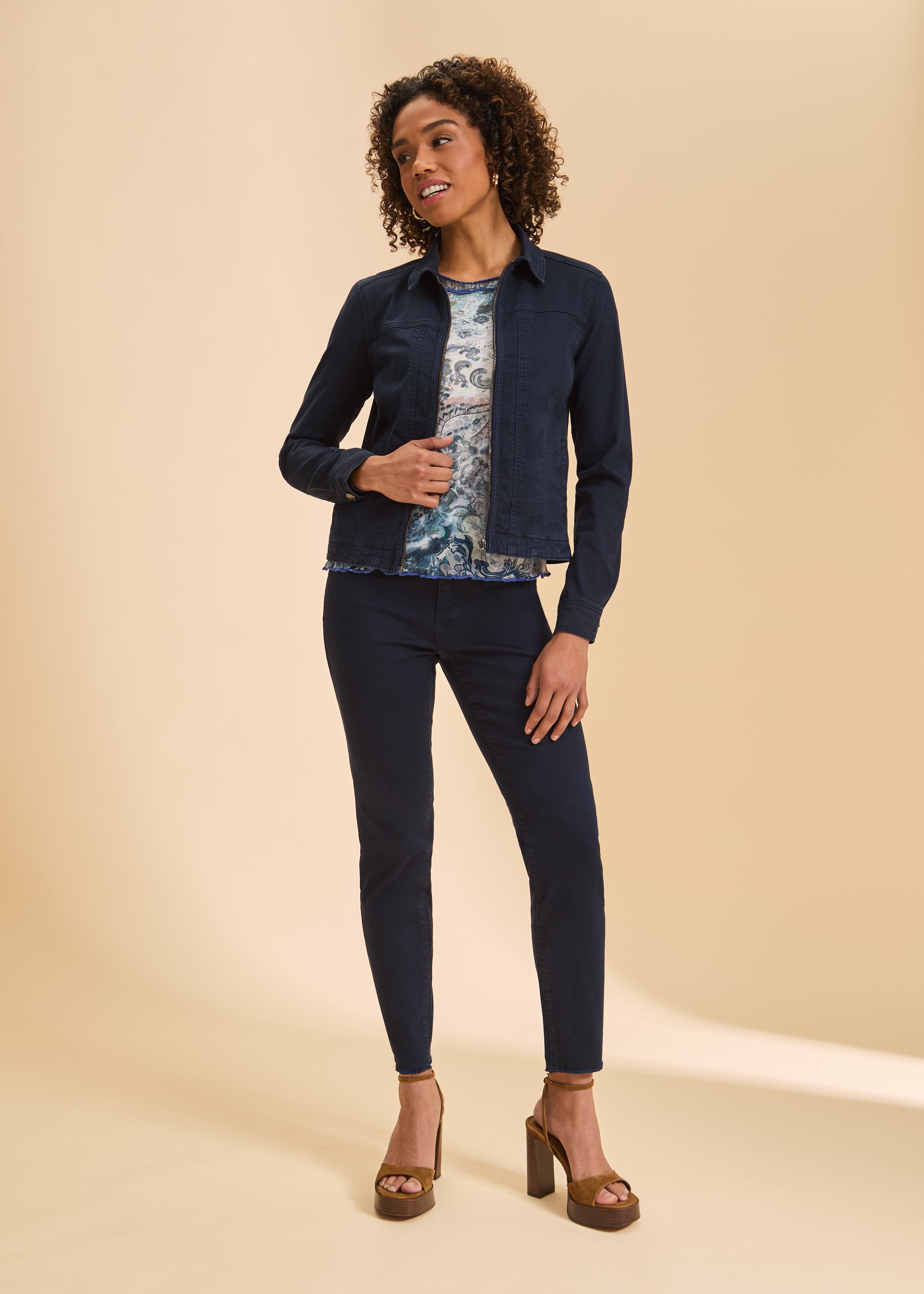 Navy jacket with floral top and pants ensemble by French Dressing Jeans (FDJ)