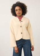 Front view of cream knit cardigan with button closure and plush texture by French Dressing Jeans (FDJ)