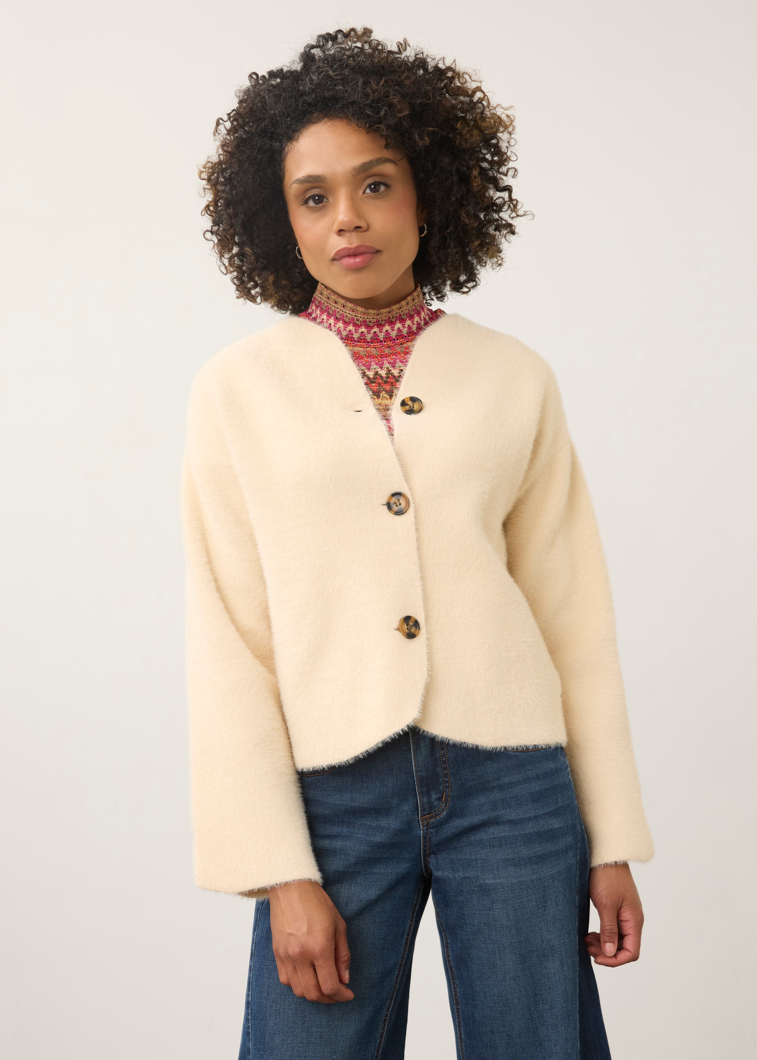 Front view of cream knit cardigan with button closure and plush texture by French Dressing Jeans (FDJ)