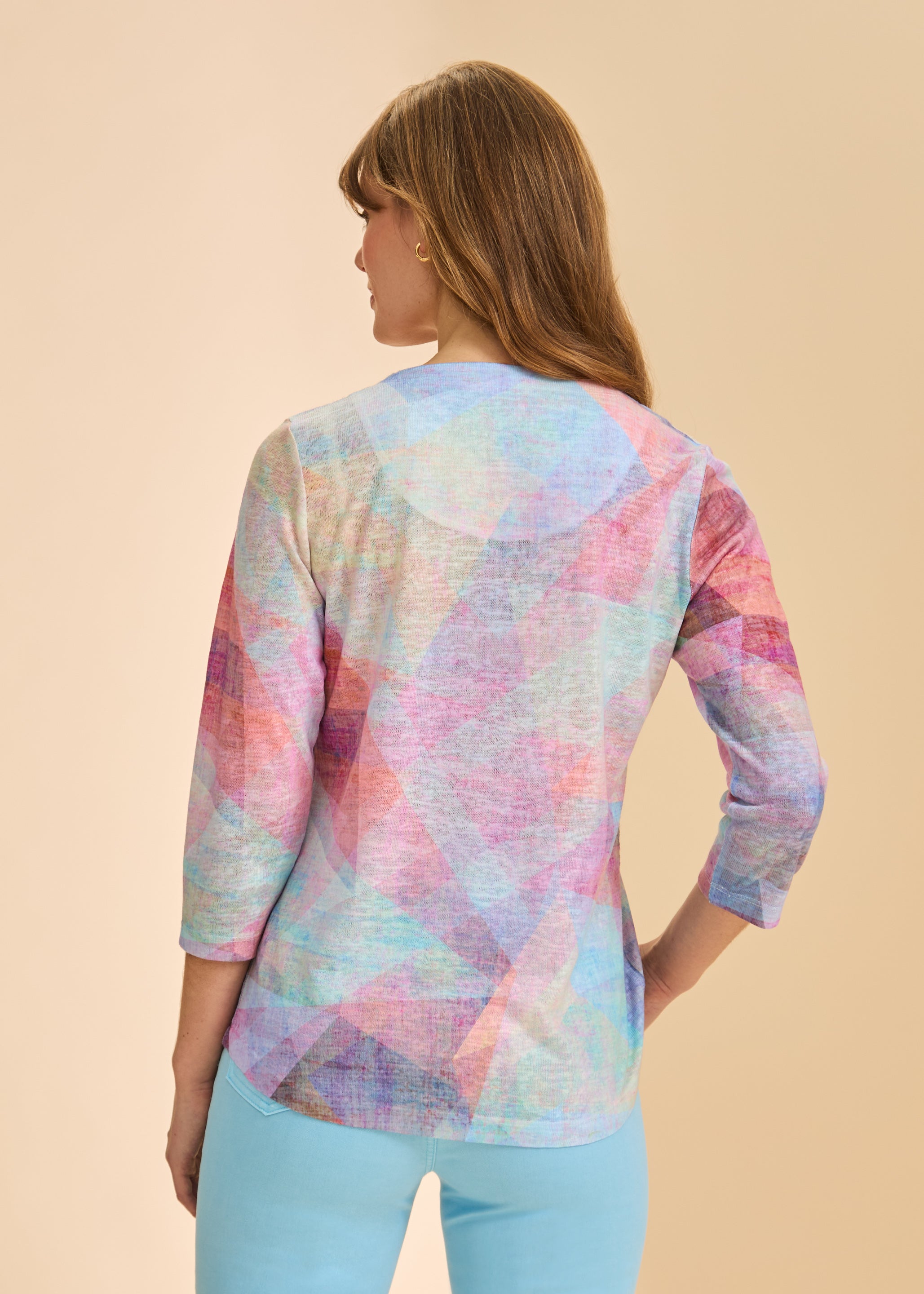 Back view of geometric pastel print on V-neck top by French Dressing Jeans (FDJ)