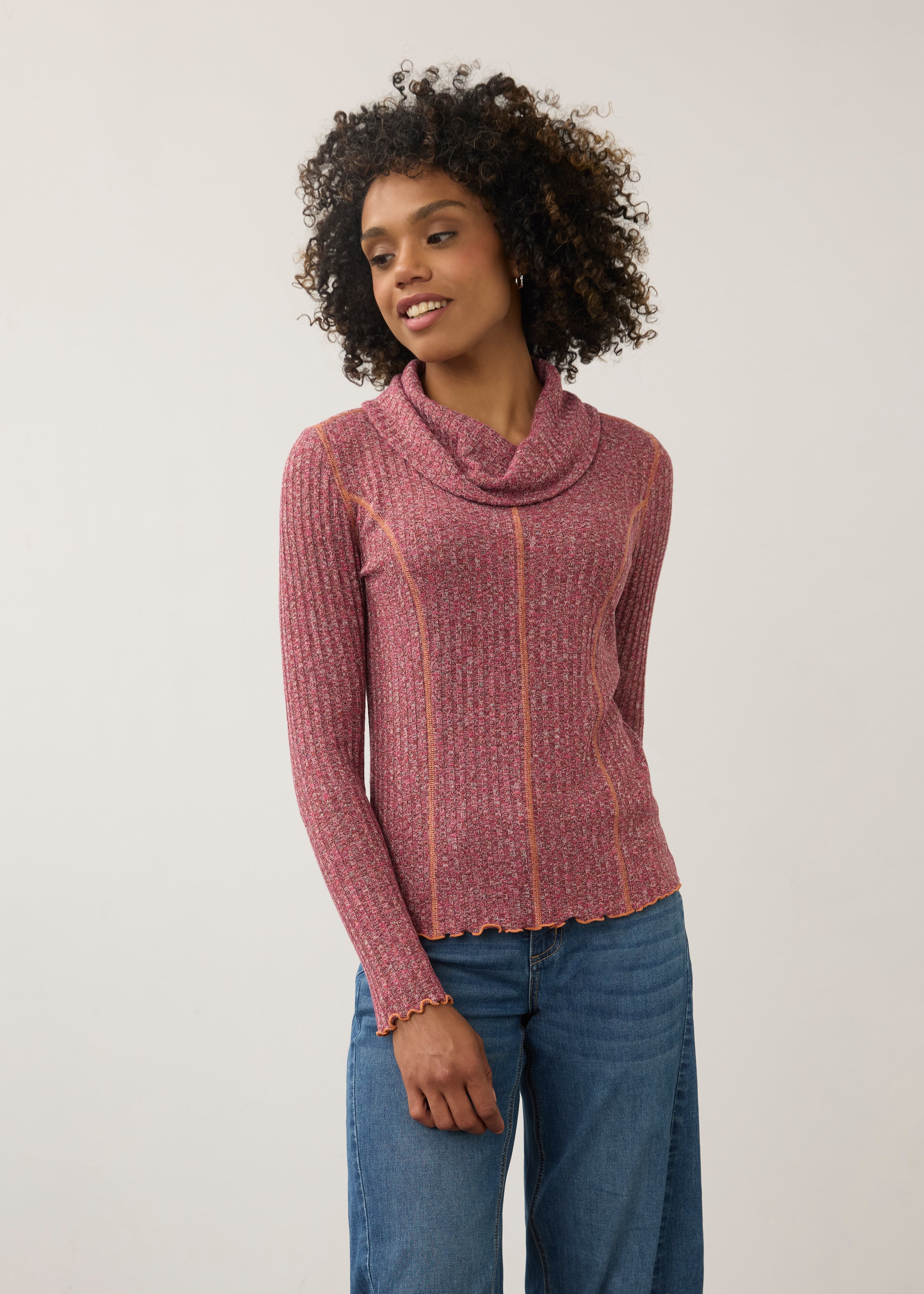 Front view of pink cowl neck top with ribbed knit and long sleeves by French Dressing Jeans (FDJ)