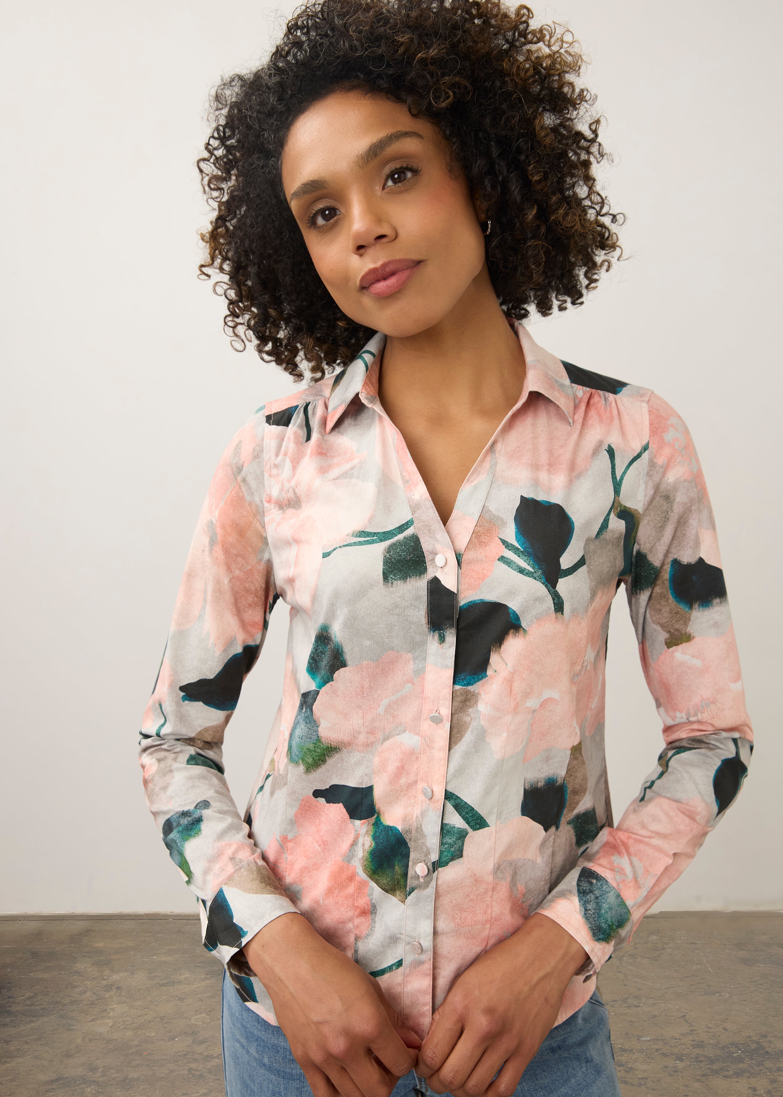 Close-up of pink floral shirt showing vivid colors by French Dressing Jeans (FDJ)