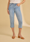 Front view of cropped jeans in indigo blue showing mid-rise fit and pockets by French Dressing Jeans (FDJ)