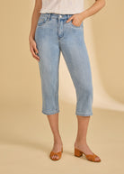 Front view of cropped jeans in indigo blue showing mid-rise fit and pockets by French Dressing Jeans (FDJ)